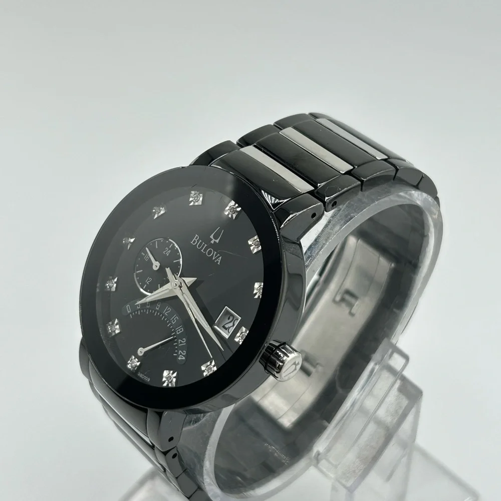 Bulova Men's Watch 98D109 Quartz Black Dial Diamond Accent Stainless Steel 40mm